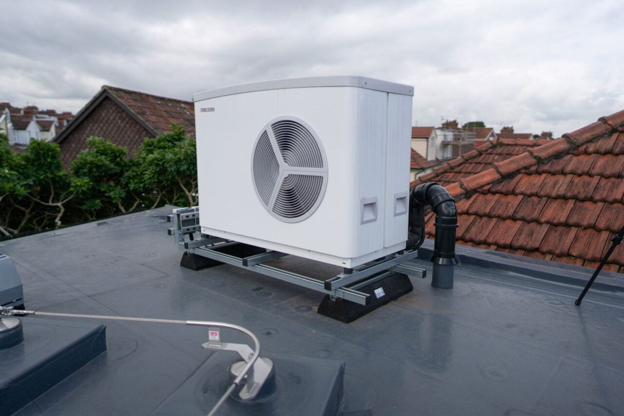 Air source heat pump Stiebel Eltron - sat on top of the roof at Goldfinch Create and Play